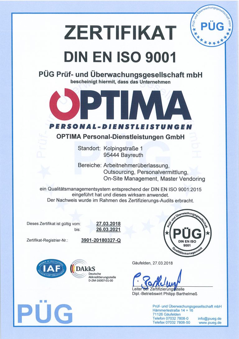 Urkunde zur Zertifizierung nach DIN EN ISO 9001:2015
