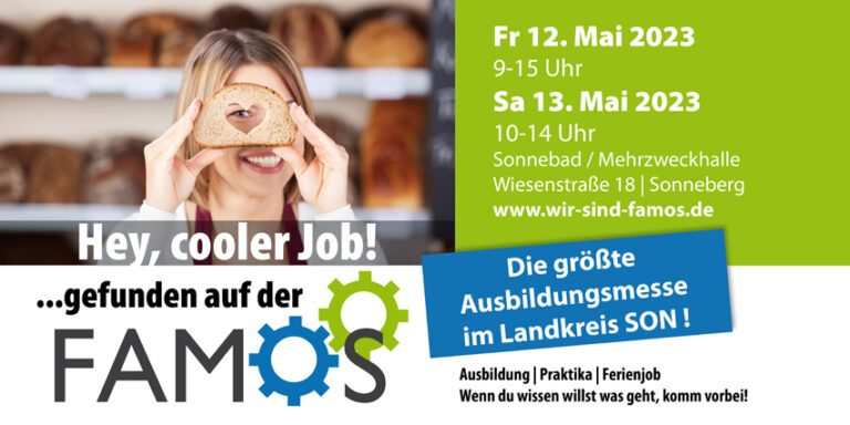 Plakat: Hey, cooler Job! – OPTIMA auf der Ausbildungsmesse FAMOS 2023